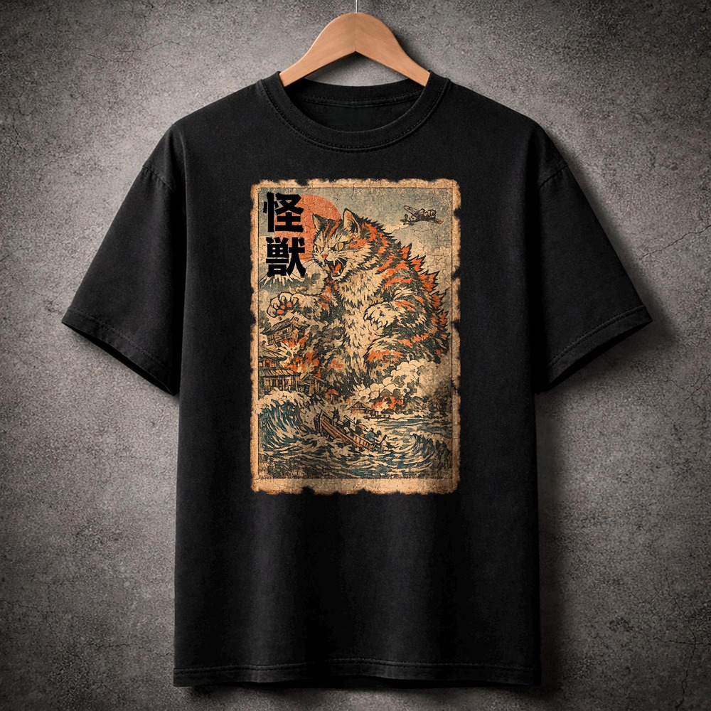 Retro Catzilla T Shirt, Japanese Wave Art
